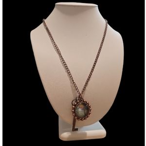 Rare Vintage Double Sided Detailed World Map & Key Pendant Necklace.